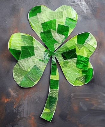 photo of a tissue paper three leaf clover. A scissor skills craft project for young children.